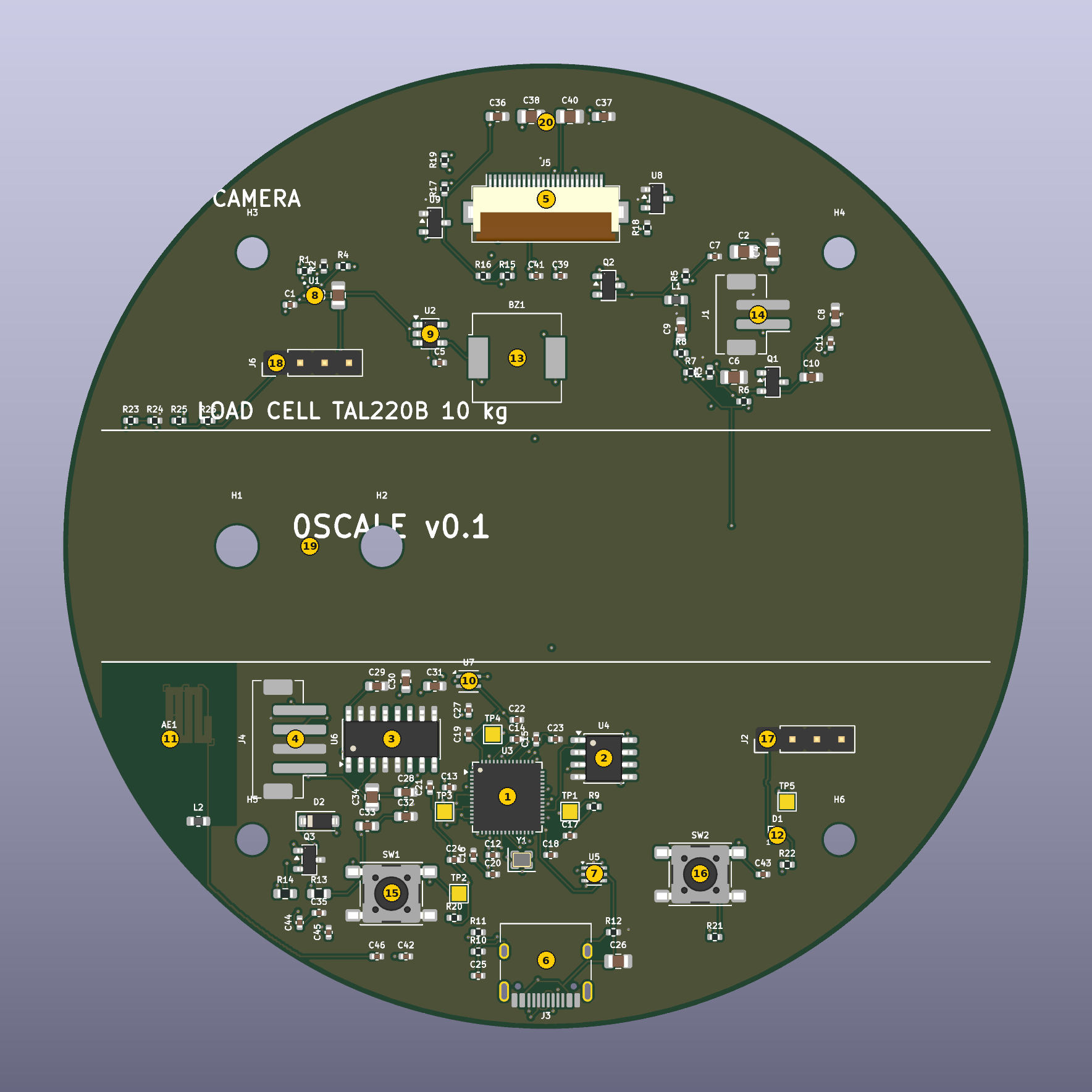 Annotated top view of the 0Scale board with numbered callouts
